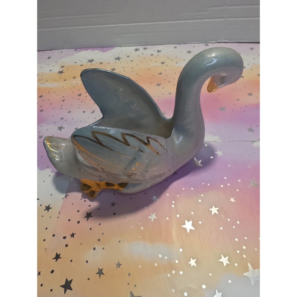 Vtg Swan Retro Gray Porcelain Hollywood Regency Planter Vase 22k Gold Warranted